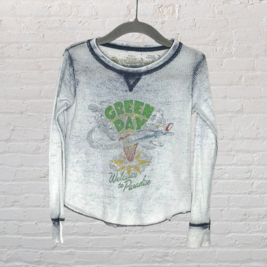 Gray thermal long sleeve shirt with Green Day 'Welcome to Paradise' graphic.