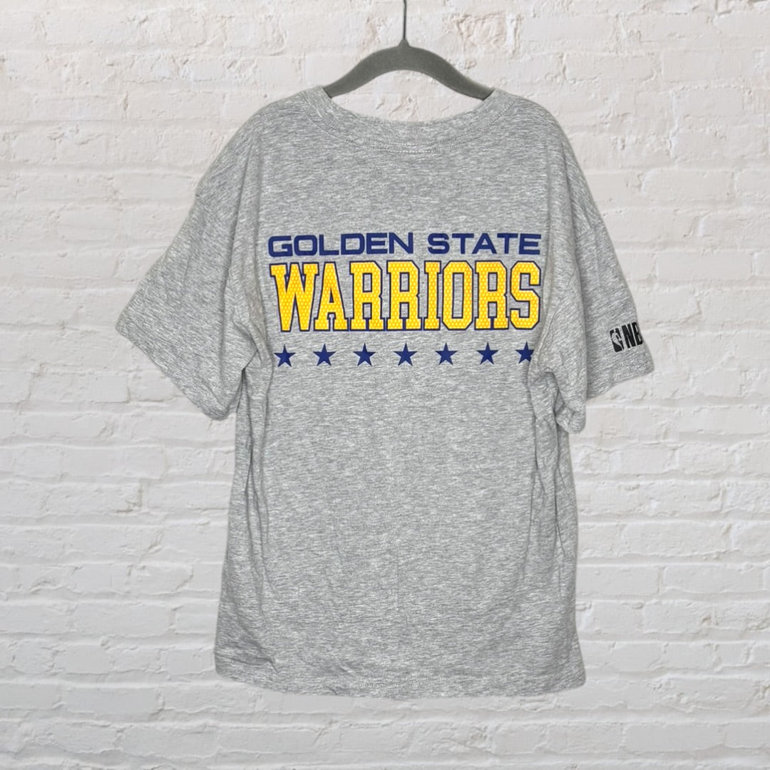 Grey Golden State Warriors T-shirt with multiple logos and graphics in blue and yellow, displayed on a hanger.