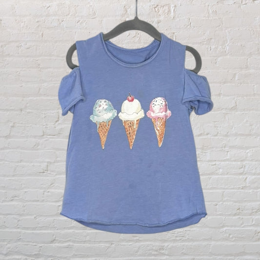 Blue cold shoulder top with an ice cream cone graphic featuring three cones, each with different scoops of ice cream and sprinkles.