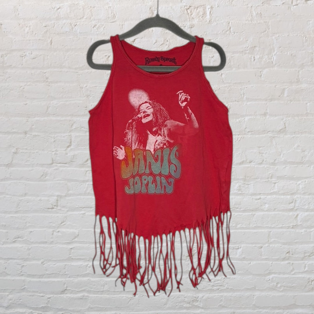 Red fringed tank top featuring a Janis Joplin graphic and designer label Recycled Karma, hanging on a hanger.