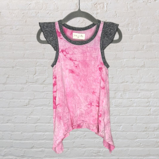 Pink tie-dye tank top with grey trim and asymmetrical hem, hanging on a hanger.