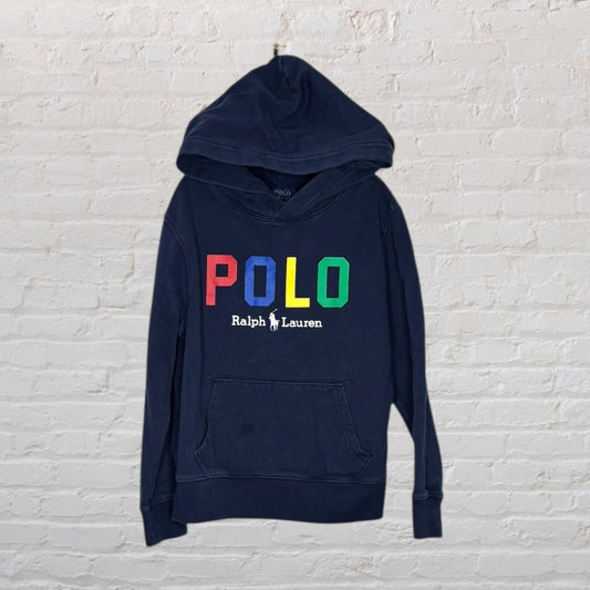 Navy blue hoodie with colorful 'POLO' text and Ralph Lauren branding on the front.